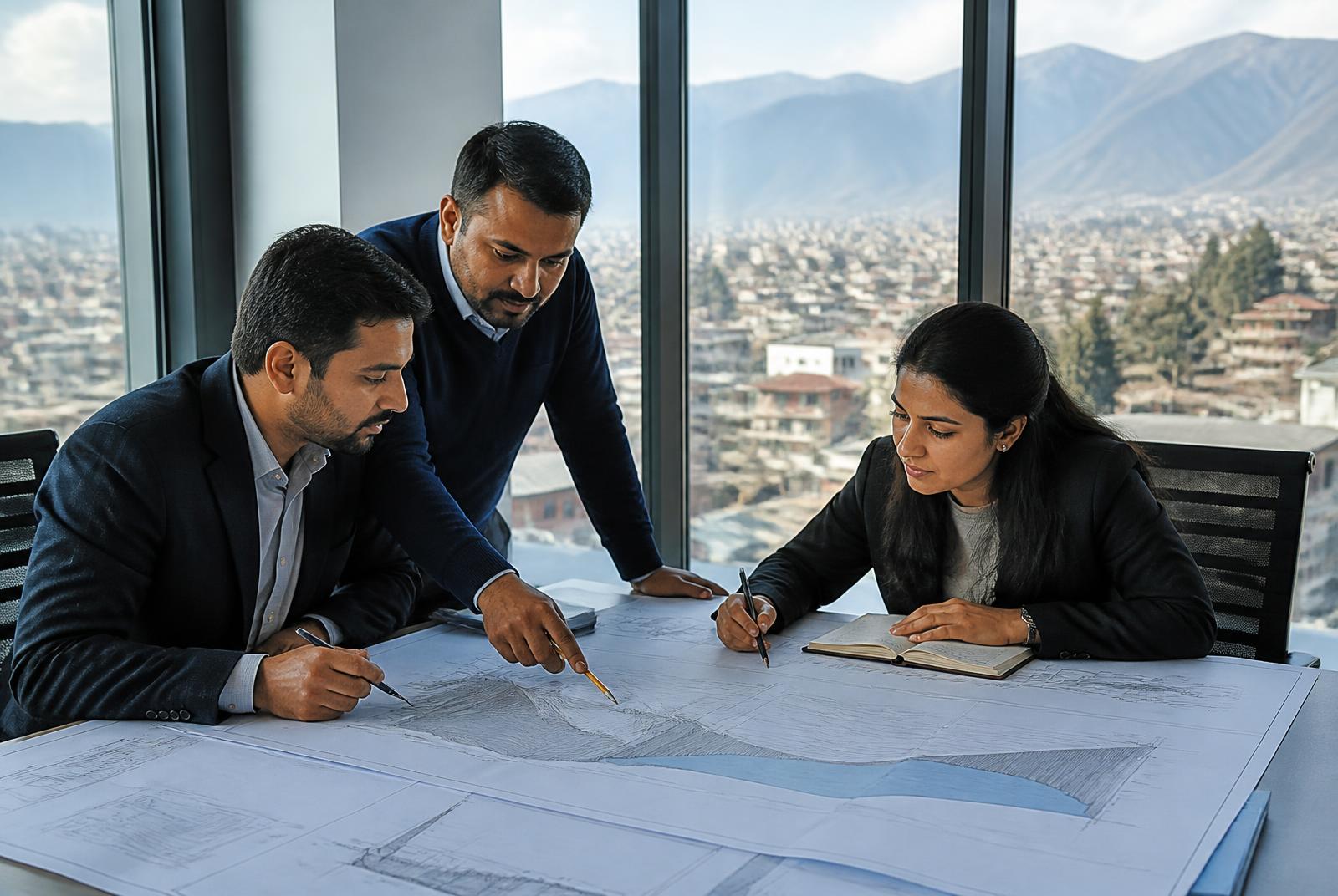 Engineers reviewing technical drawings