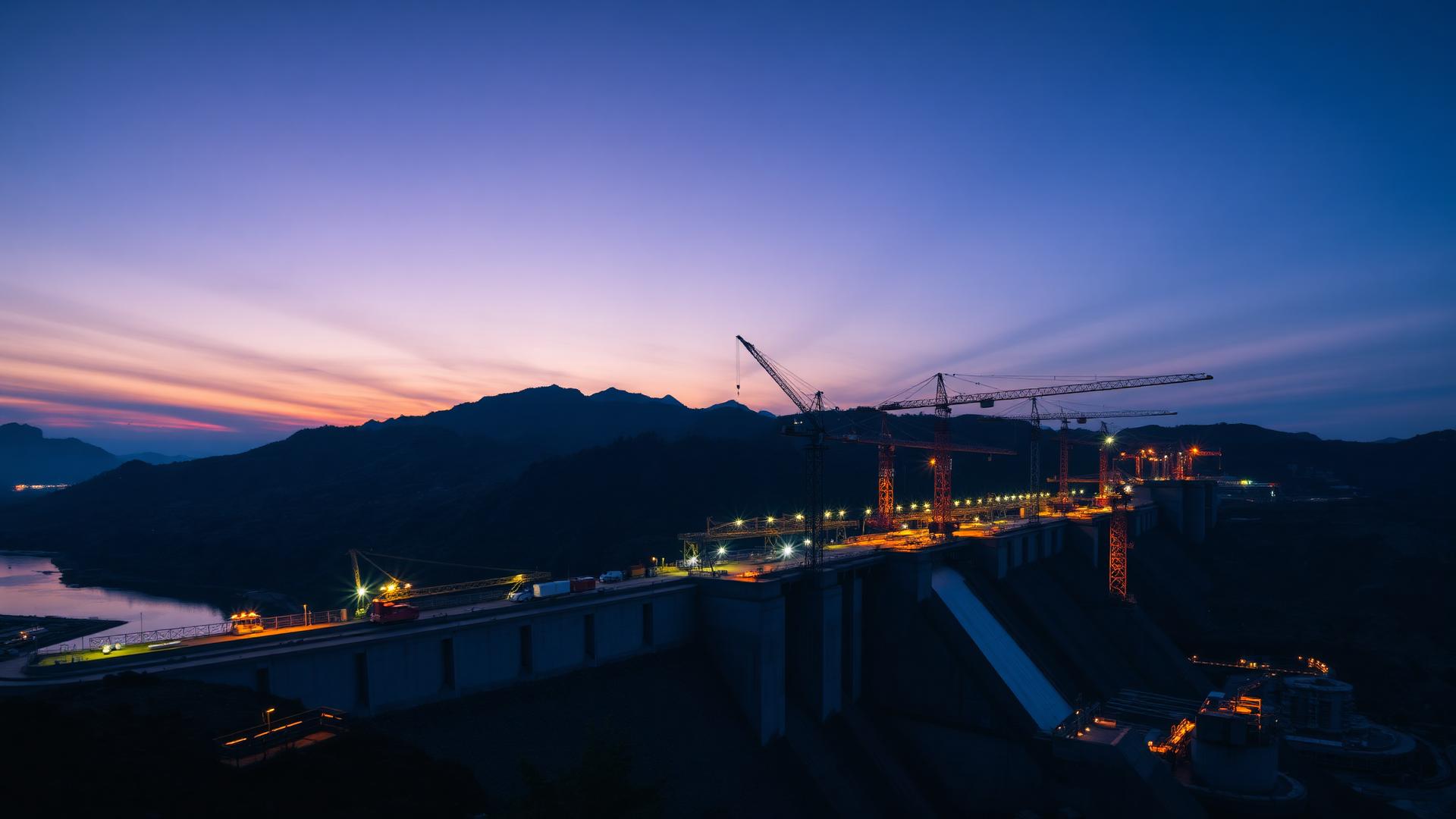 Hydropower megaproject under construction at dusk