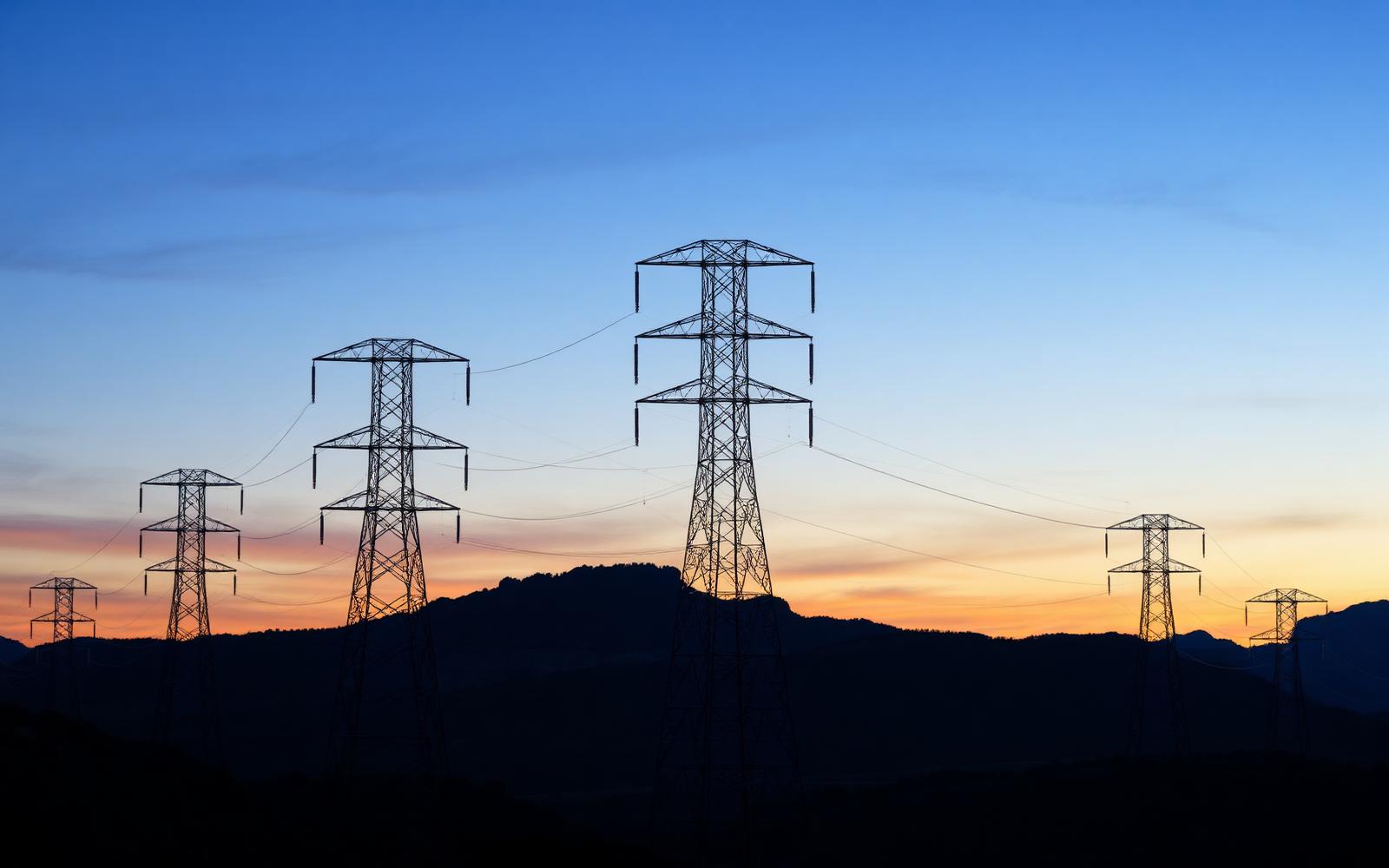 Transmission towers crossing mountain terrain at dusk